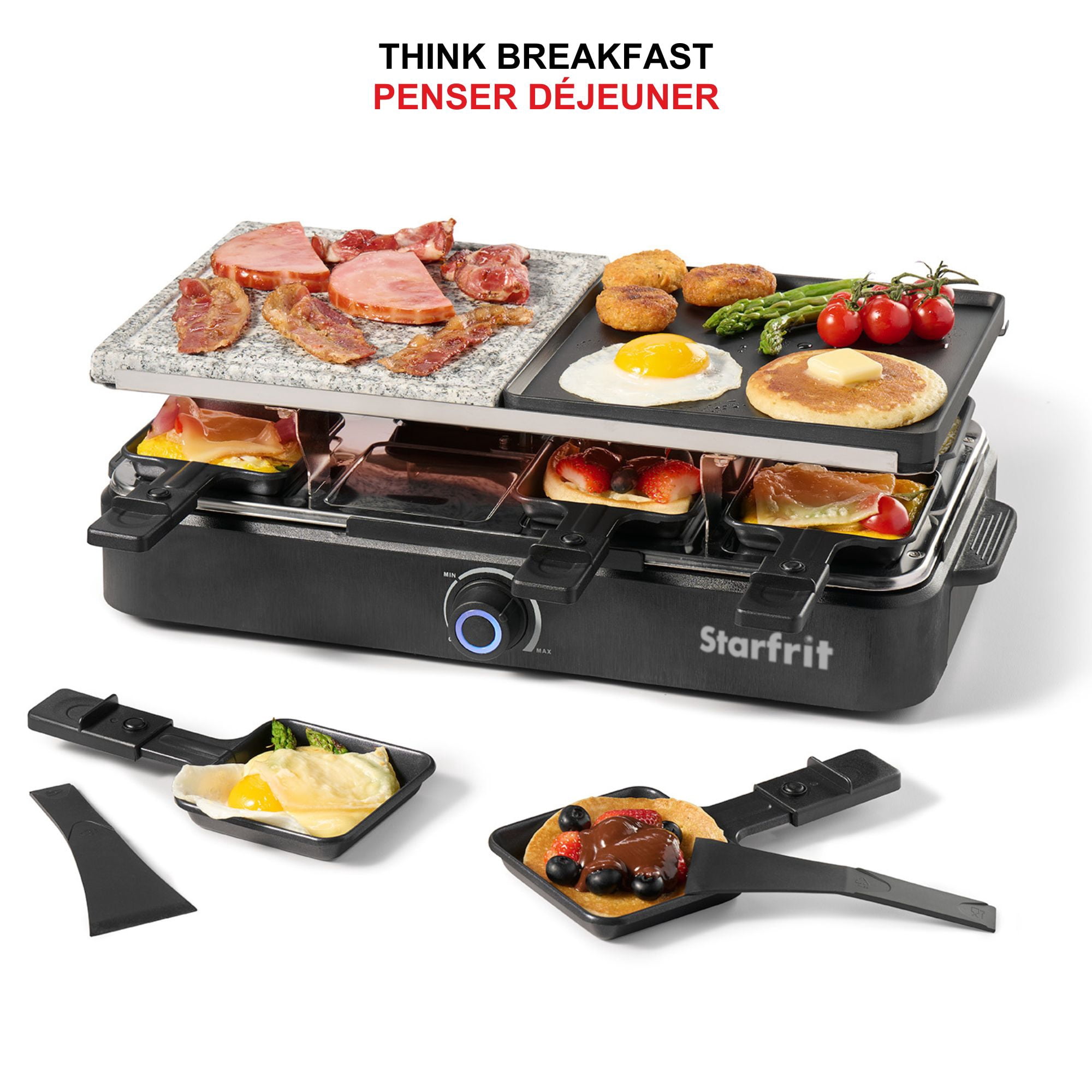 Starfrit 8-Person Raclette Party Grill, 2-in-1 Die-Cast Aluminum & Cooking Stone, Adjustable Temperature, 8 Spatulas & Dishes, 1300W, Hand Wash, Black