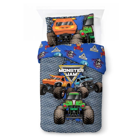 Monster Jam 2-Piece Twin/Full Reversible Kids Comforter and Pillowcase Set, 100% Polyester