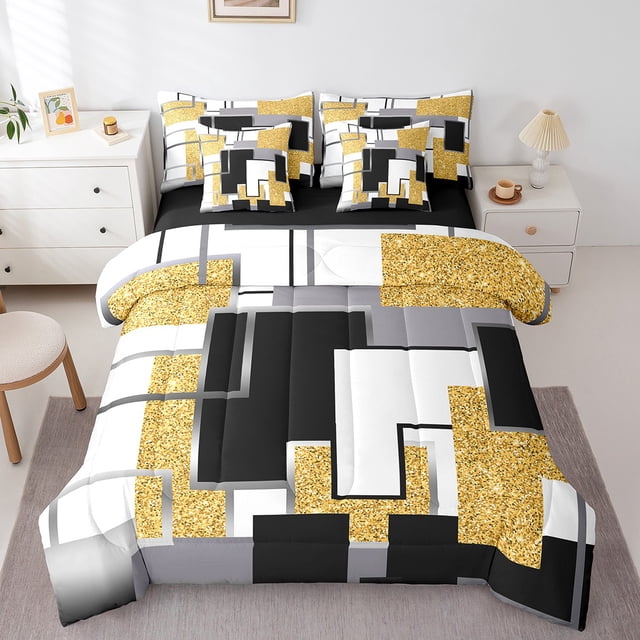 YST Yellow Black Grey Bed In A Bag 7 Piece Queen Abstract Geometric Bedding Set Sequins Checkered Comforter Set With Sheets For Kids Adults Buffalo Check Grids Bed Set
