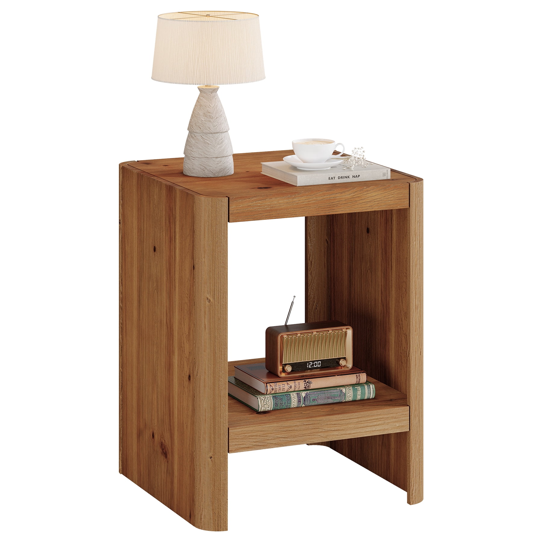 Fnova Solid Wood 2-Tier End Table with Open Storage Shelf, Rustic Nightstand, Bedside Table, Accent Side Table for Living Room, Bedroom, Small Spaces, Natural Wood