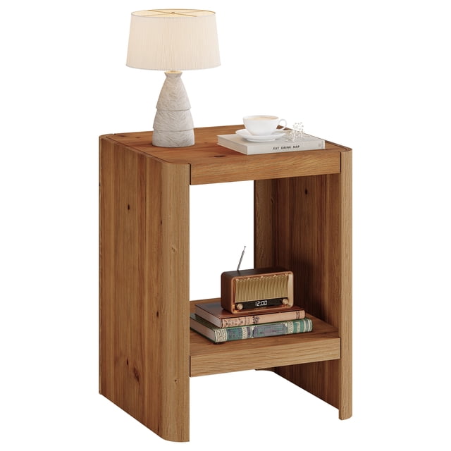 Fnova Solid Wood 2-Tier End Table with Open Storage Shelf, Rustic Nightstand, Bedside Table, Accent Side Table for Living Room, Bedroom, Small Spaces, Natural Wood