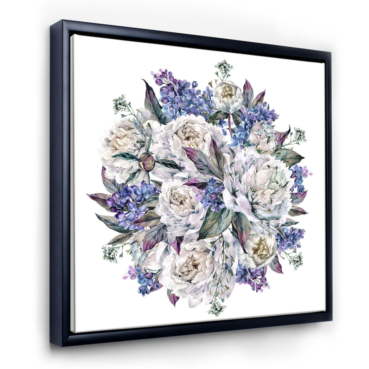Designart Bouquet Pivoines En Blanc Et Bleu ART MURAL À CADRE FLOTTÉ