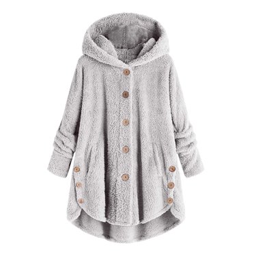 Button up Outerwear with Pockets in Clearance Womens Fuzzy Fleece Hoodies Oversized Cardigan Coat Soft Fall Jackets Button Down Sweatshirt Long Sleeve Hooded Coat with Pockets Gray 3XL New
