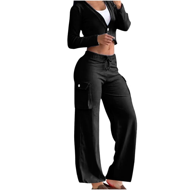 Timegard 2 Piece Sets for Women Long Sleeve V-Neck Button Cardigan Elastic Waist Cargo Pants Fall Trend Outfits