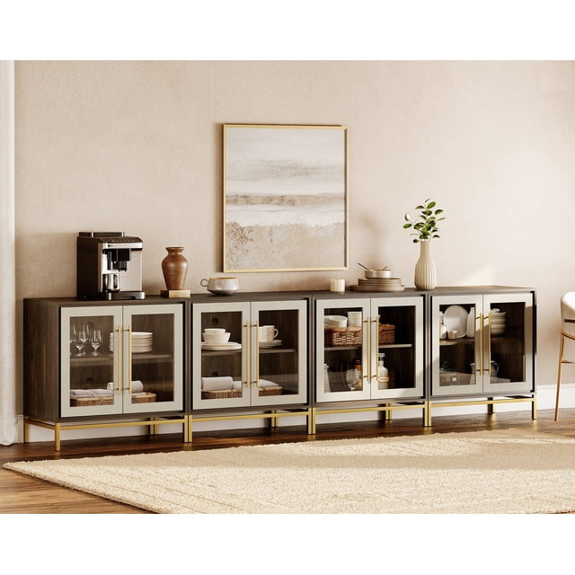 WAMPAT 4-in-1 Modern Leather-Texture Sideboard with Glass Doors, Soft-Close Hinges, 16" Deep Storage Buffet for Kitchen & Dining Room