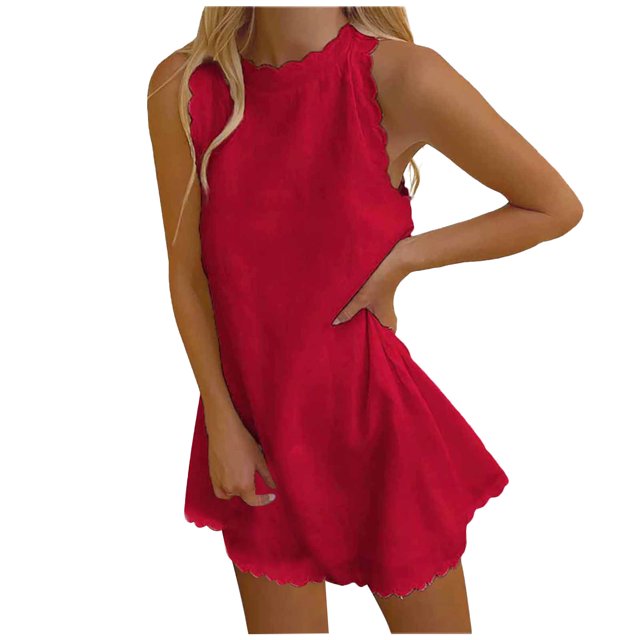 AherBiu Robe d'Été pour Femmes 2024 Sans Manches Mignonne Mini Robe Débardeur Col Ras du Cou Robe Décontractée