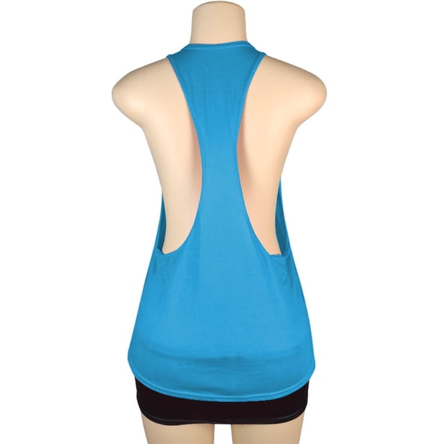 Timegard Womens Tank Top Summer Athletic Sleeveless Racerback Casual Comfy Workout Tee Top Solid Color. The image shows the back view of a medium-sized tank top in a solid blue color, featuring a racerback design with wide shoulder straps and a loose fit. Made from a blend of polyester fiber and spandex, the material is lightweight, elastic, and breathable, ideal for casual wear or workouts. The mannequin displays the tank top paired with black shorts, highlighting its sporty and versatile style.