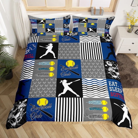 Erosebridal Softball Duvet Cover ,Sports Theme Bedding Sets ,Blue Gray Plaid Comforter Cover , Super Cozy Room Decoration,2-Piece(No Comforter)