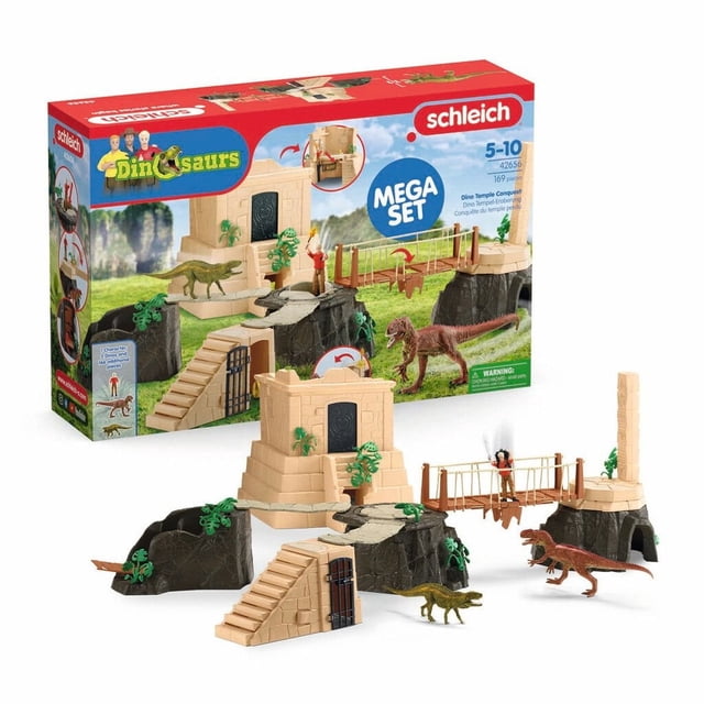 Schleich Dino Temple Conquest Dinosaur Action Figures Mega Set with a multi-piece temple playset featuring stone steps, a gate, rocky platforms, and a rope bridge. Includes detailed dinosaur action figures with movable jaws and explorer figures, designed for children aged 5 to 10. The set offers puzzle challenges and secret hiding places for interactive dinosaur adventure play.