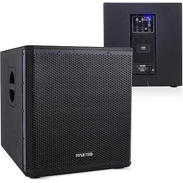 Pyle 3000 Watts Box Subwoofer Speaker featuring an active powered 18-inch woofer with DSP Digital Signal Processor for enhanced low-frequency control. The front view shows a black wooden enclosure with a custom metal grill and built-in carrying handles, while the rear view highlights the control panel with LED indicators, balanced XLR input/output jacks, subwoofer level adjustment, and phase control. Designed for home theater systems and professional DJ sound, it includes a built-in pole mount socket and passive heat sink with fan for cooling. Dimensions are 20.87 x 25.98 x 24.21 inches.