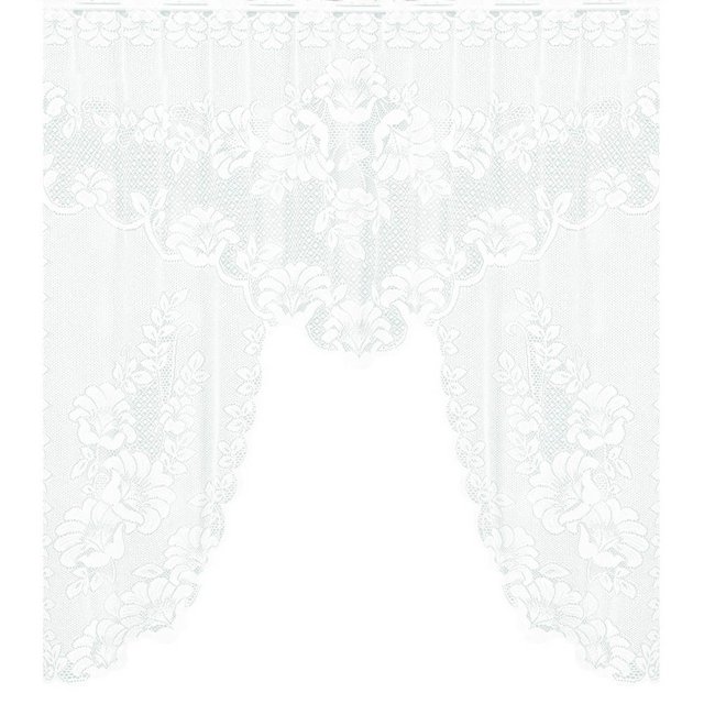 Living Room Curtains for Windows in a vintage style, featuring a lace coffee design. The curtain measures 120 cm (47.24 inches) in width and 105 cm (41.34 inches) in length. It provides half shading, allowing natural light to pass through while maintaining privacy. The intricate lace pattern adds charm and elegance, suitable for use in kitchens, bedrooms, living rooms, or as a decorative background for shop window displays. The curtain is shown in a sheer white lace material with floral detailing.