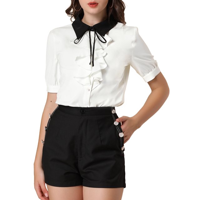 INSPIRE CHIC Women's Contrast Collar Tie Ruffle Front Button Short Sleeve Work Shirt XL White