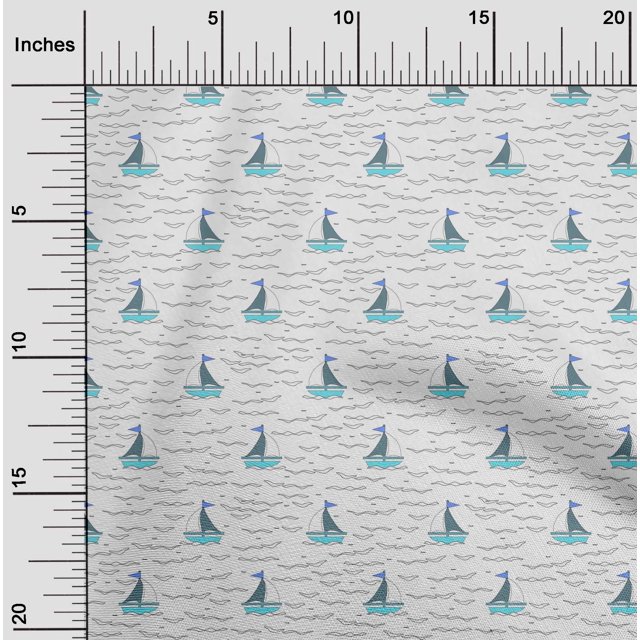 oneOone Silk Tabby Fabric Waves & Sailboat Ocean Printed Fabric 1 Yard 42 Inch Wide