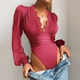 thumbnail image 1 of Justaucorps à Col en V Profond pour Femmes, Manches Longues Bouffantes, Hauts Triangle, Manches Lanterne, Dentelle Extensible, Combinaison à Décolleté Plongeant, 1 of 2