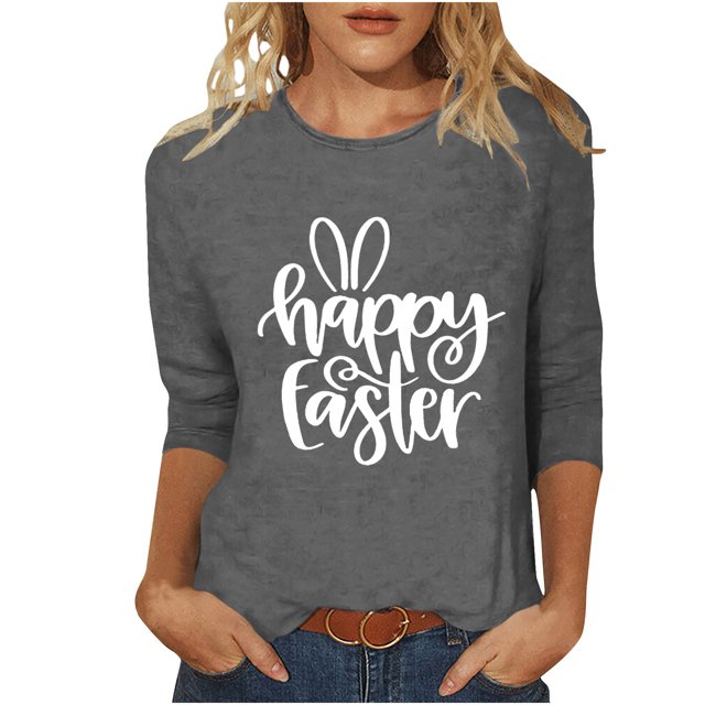 Dvkptbk Chemises pour Femmes Habillées Décontractées 2024 Joyeuses Pâques Hauts Graphiques Mode Décontractée Col Rond Manches Trois-Quarts T-Shirt Haut