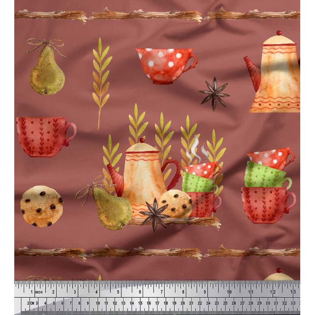 Soimoi Brown Rayon Crepe Fabric Kettle & Cups Kitchen Print Fabric by the Yard 46 Inch Wide