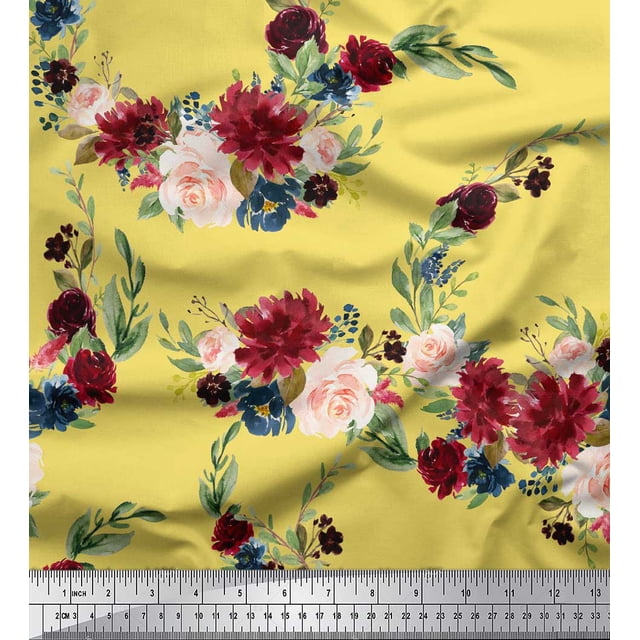 Soimoi Yellow Cotton Poplin Fabric Ranunculus & Penoy Floral Print Fabric Prints By the Yard 42 Inch Wide