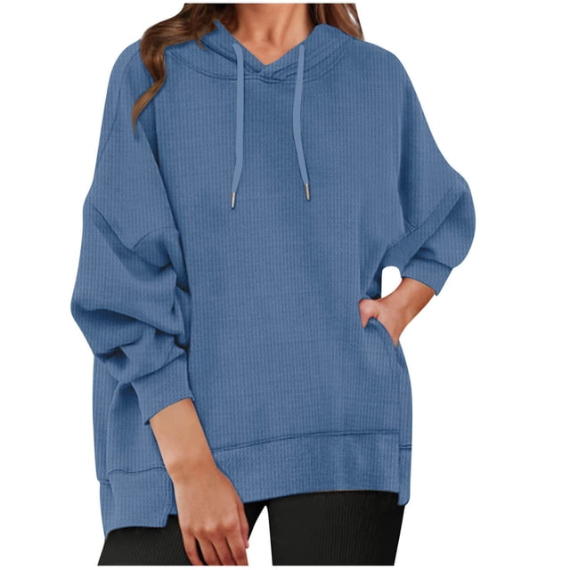 Pisexur Womens Hoodies Solid Color Hooded Sweatshirt Casual Drawstring Oversized Hoodie Fashion Loose Ribbed Fall Tops Pullover Tops with Pocket