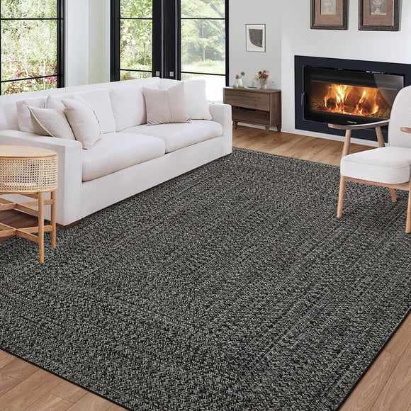 5' x 7' Machine Washable Runner Rug, Print Braided Hallway Runner Area Rug, Stain Resistant Non-Slip, Farmhouse Printed Textured Carpet Floor Cover for Entryway Bedroom Kitchen, Grey/Brown