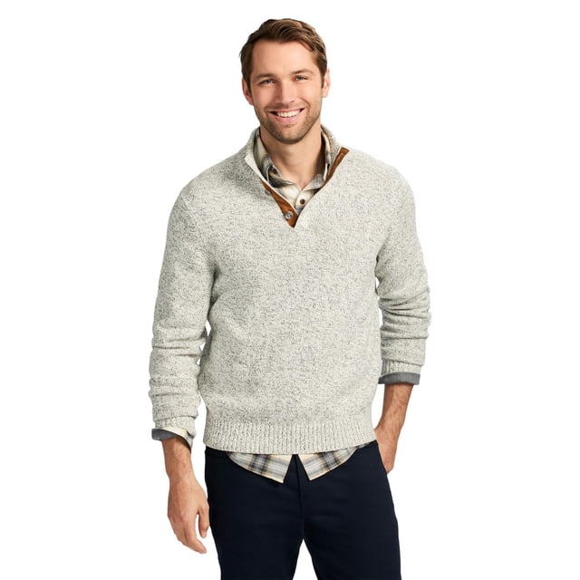 IZOD Button Popover in marled light grey 100% cotton 5-gauge knit with a classic fit, featuring a mockneck with brown horn button closure, ribbed hem and shoulder details, styled over a plaid shirt and navy pants, suitable for layering in cool weather.