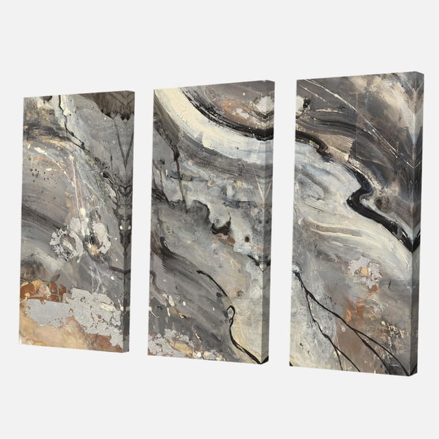 Designart Fire and Ice Minerals II Canvas Wall Art is a three-panel abstract canvas print with swirling beige, black, and gray mineral patterns on premium cotton canvas, gallery-wrapped with design extending on sides, arriving ready to hang in a home décor setting.