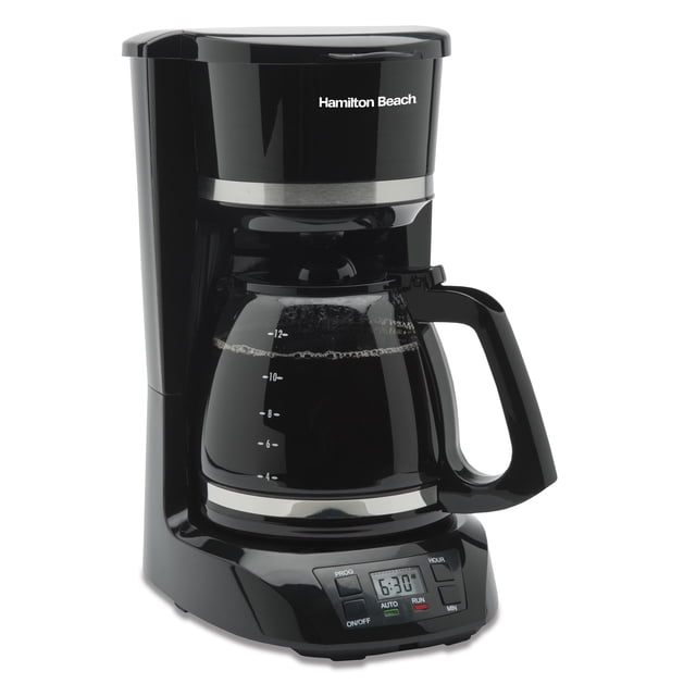 Hamilton Beach 12 Cup Digital Coffee Maker 43874 in black with a glass carafe filled with brewed coffee, featuring a programmable digital clock set to 6:30, auto pause and serve function, and removable dishwasher-safe filter basket for easy cleaning.