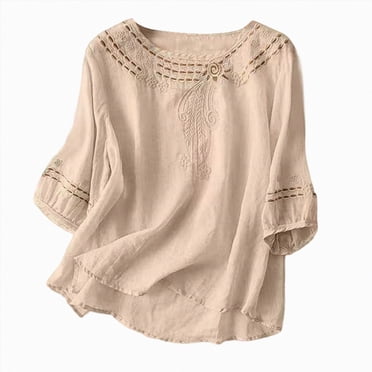 WUANDIXFA Hauts d'Été pour Femmes Chemises en Lin pour Femmes Rétro Broderie d'Été Amples T-Shirts à Manches 3/4 Tuniques Hauts Blouses Décontractées Vêtements Boho, Beige, TG