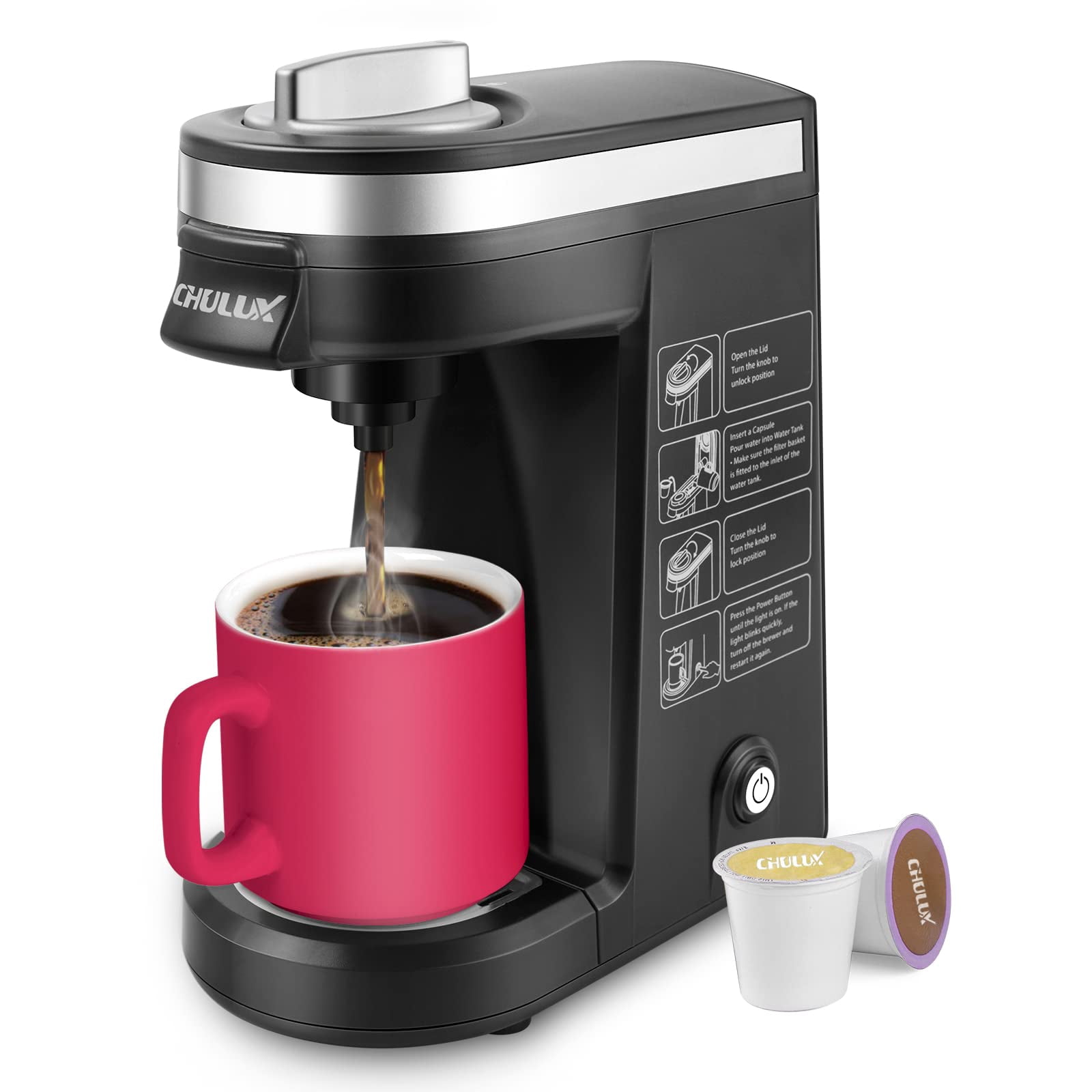 CHULUX Single Serve Coffee Maker, K Cup Coffee Machine for Single Cup Capsule with 12 Ounce Reservoir, Black