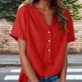 thumbnail image 2 of Floleo T-Shirt à Manches Courtes pour Femmes, Style Lin, Col en V, Boutons devant, Demi-Ouverture, Haut Vintage Classique, Respirant, Confortable, Extensible, Tissu Fin, Printemps Été Automne, Tenue Quotidienne (Rouge#2, S), 2 of 8