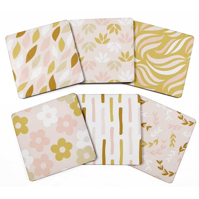 Inkdotpot Set of 6 Drink Coasters Easy Clean 4-Zoll SquareCoastersCork Base-Reusable- Leaves & Floral