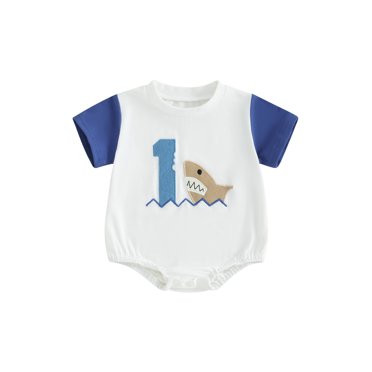 EYIIYE Barboteuse d'Anniversaire pour Bébé Garçon Nouveau-Né Col Rond Justaucorps T-shirt à Manches Courtes Lettre Écusson de Requin Combinaison Tout-Petit Quotidien Décontracté Vêtements d'Été