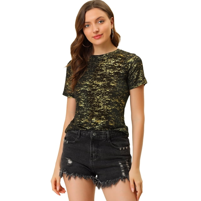 INSPIRE CHIC Women's Party Metallic Textured Short Sleeve Shiny Multi Color Top