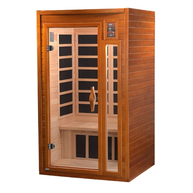 Dynamic Saunas Barcelona Sauna Domestique à Infrarouge Lointain à Faible CEM pour 1 à 2 Personnes, Fabriqué en Bois Canadien Naturel hemlock avec Porte en Verre Trempé. Comprend six Panneaux Chauffants à Faible CEM à Infrarouge Lointain, Connexion Auxiliaire MP3, Haut-Parleurs Intégrés, Écran LED et Panneau de Commande au Toucher Doux. Conception Portable Idéale pour la Détente spa à la Maison dans les Salles de Bain, Garde-Robes Ou sous-Sols.