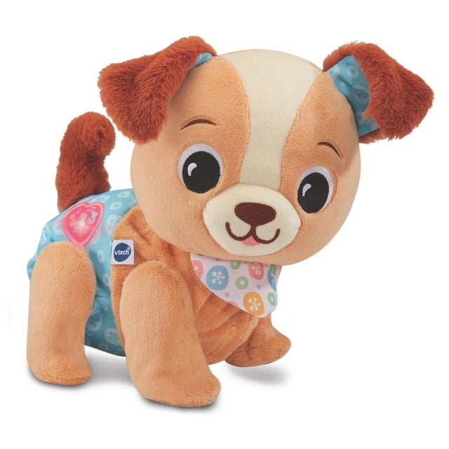 VTech Explore & Move With Puppy Walking Plush Toy - Version Française, un Chiot en Peluche Multicolore avec Visage Brun Pâle et Crème, Grands Yeux Brodés, Bouche Souriante et bandana à Motif Bleu. le Chiot Présente un Tissu Texturé Bleu sur les Oreilles et le Dos avec un Bouton Rose en Forme de Cœur Étiqueté '123). Il Marche et Encourage le Rampement et la Marche, Convient comme Jouet en Peluche pour le Développement du Nourrisson.