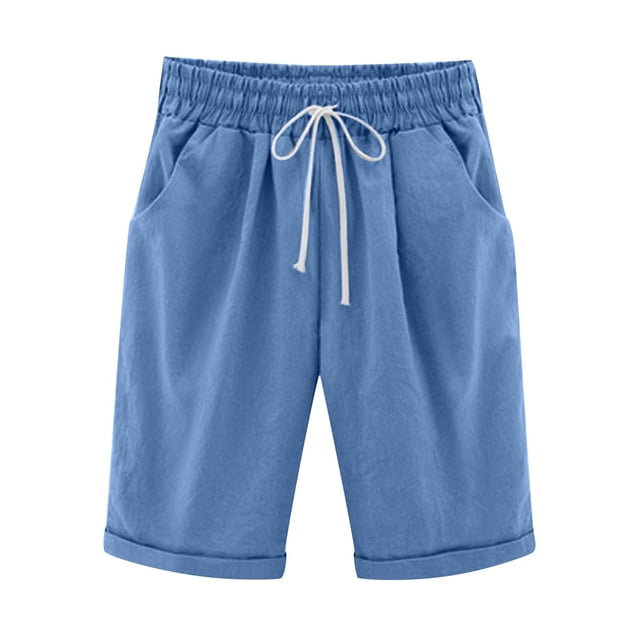 Pisexur Womens Shorts Cotton Linen Drawstring Solid Color Gym Workout Shorts Summer Comfy Elastic Waisted Shorts Plus Size Lounge Shorts Casual Beach Knee Length Shorts with Pockets,S-6XL