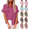 thumbnail image 2 of fheaev Button Up Shirts For Women Roll Up Short Sleeve Button Down Cotton Linen T-Shirts With Pocket V-Neck Work Tunics Blouse Collared Tops, 2 of 9