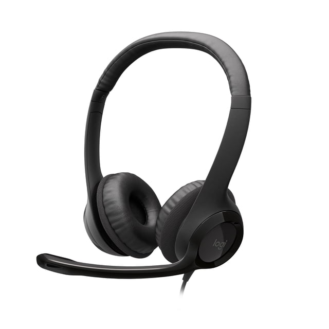 Logitech H390 Wired Headset for PC/Laptop in black with padded adjustable headband and swivel leatherette ear cushions, featuring a left-side noise-cancelling mic boom that rotates and tucks away, USB-A plug-and-play connection, and in-line volume and mute controls for clear digital stereo sound, also suitable for Chromebook use.
