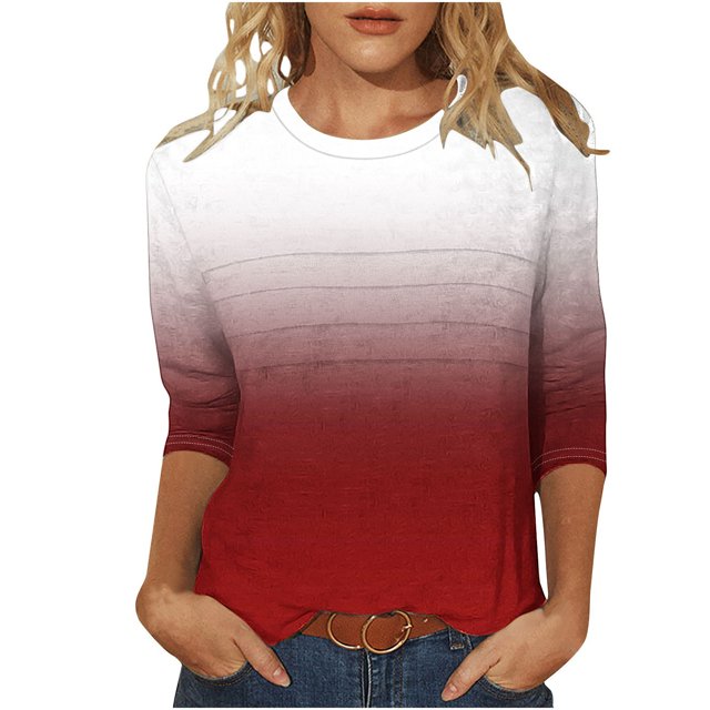 Olyvenn T-Shirts pour Femmes à Manches 3/4 Été 2025, Imprimé Dégradé, Col Rond, Décontracté, Basique, Coupe Tunique, Blouse, Rouge, P