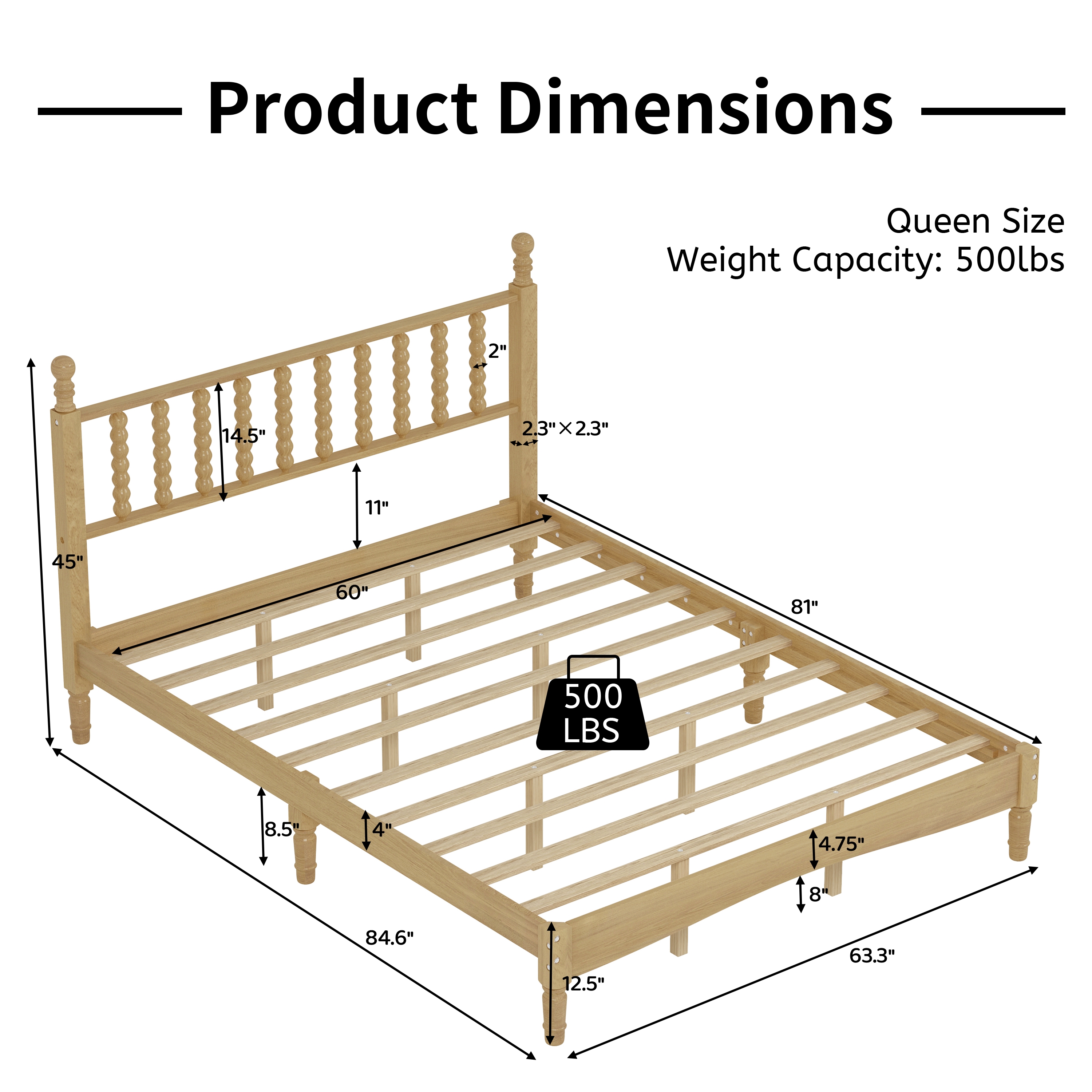 Homy Casa Queen Wood Platform Bed with Gourd-Shaped Headboard, Natural Finish, 10 Slats, No Box Spring