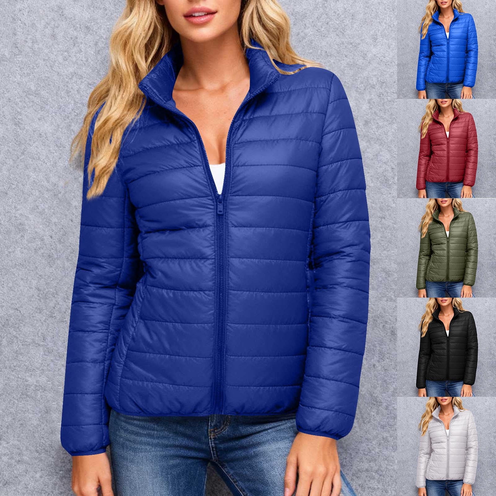 YOIAVAIOY Womens Puffer Jacket Lightweight Quilted Winter Jacket Winter Warm Stand Collar Womens Winter Coat Xmas Gift Blue M