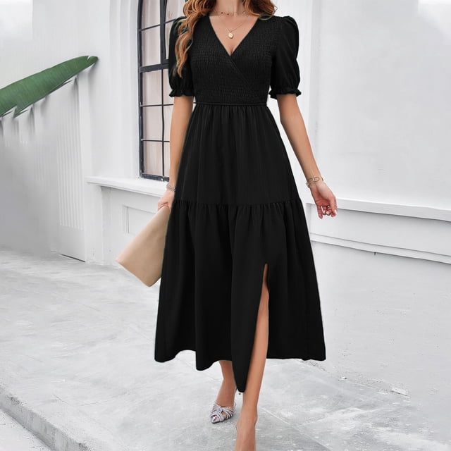 Pisexur Robe à Manches Courtes à Col en V Longueur Cheville Mode pour Femmes Automne Col en V Manches Courtes Couleur Unie Fente Robes Femmes Robes
