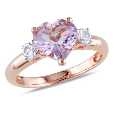 Bague Tangelo en forme de cœur avec 2 carat de Rose de France et saphir blanc synthétique en argent massif plaqué rhodium rose