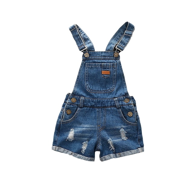 KIDSCOOL SPACE Salopette Courte en Denim Déchiré pour Bébé Fille, Bleu Foncé, 2-3 Ans
