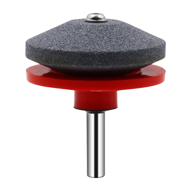 Lawn Mower Blade Sharpening Stone Attachment for Power Drills, a garden tool grinder with a double-layer heat-resistant whetstone, red base, and metal shaft. Ideal for sharpening mower blades, tractors, rotary tillers, and sickle bar cutters. Fits most drills for fast edge restoration.
