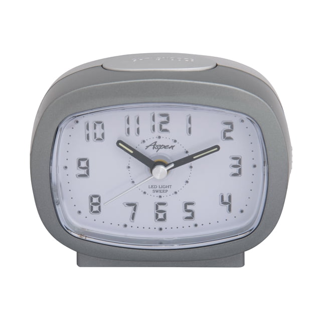 Aspen Analog Alarm Clock with Snooze & Blue LED Lighted Numbers in a retro rectangle design, featuring a grey finish. This battery-operated clock has a silent sweep movement for no ticking sound, bold numbers for easy readability, and a blue LED backlight for nighttime visibility. Compact and suitable for bedside or desk use.