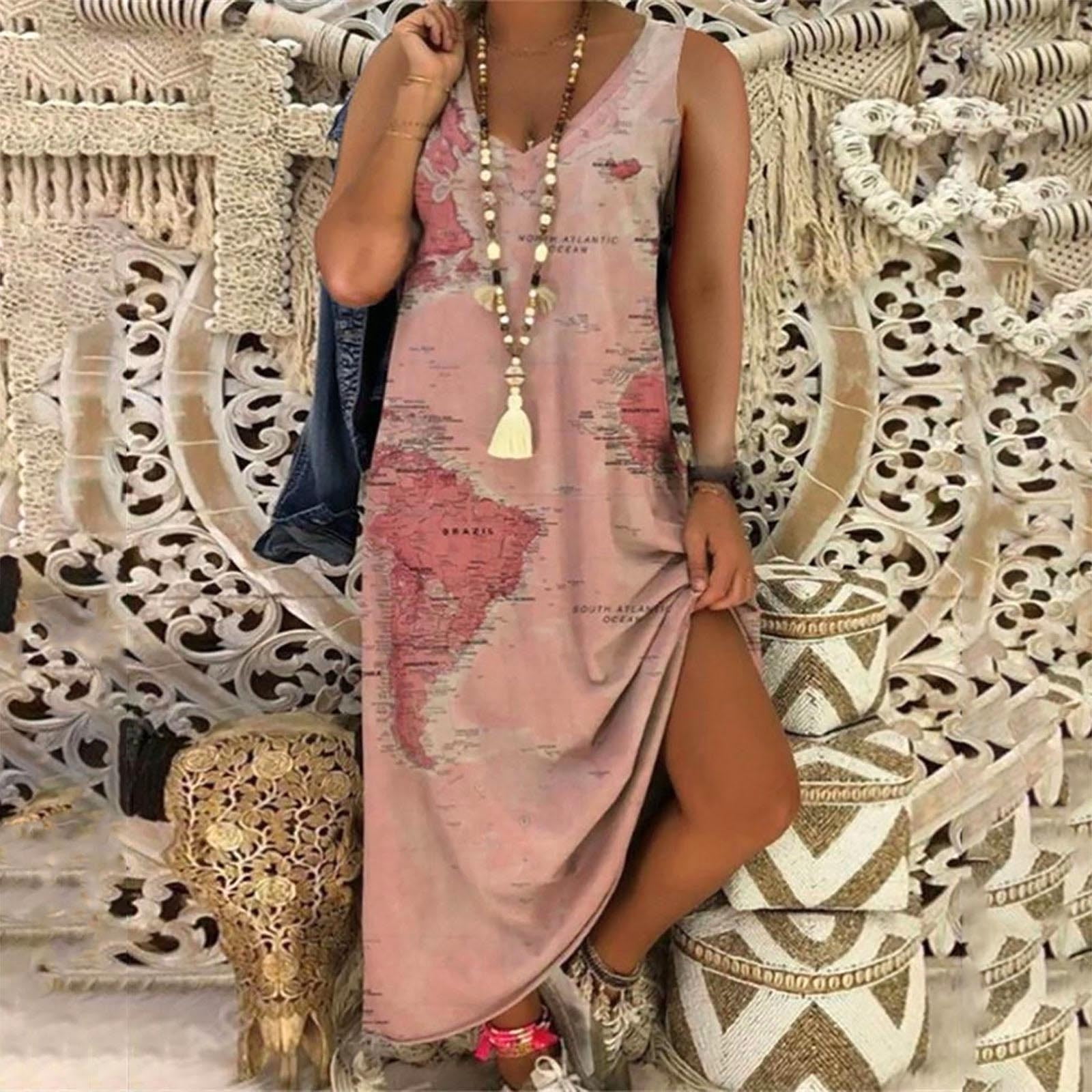 SMihono Robe Maxi Boho d'Été pour Femmes Grande Taille Femmes Décontractée Grande Taille Imprimé Col en V Poches Sans Manches Robe Maxi Longue Plage Balançoire Robe d'Été