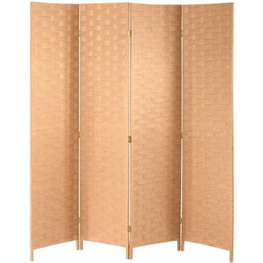 FDW Room Divider Wood Screen 4 Panel Mesh Woven Design Room Divider Folding Portable Partition Screen Wood for Home Office, Natural