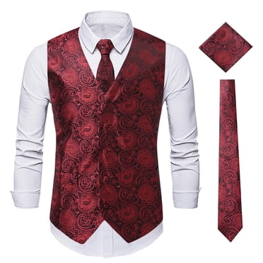 Weiqiqre Ensemble Gilet et Cravate pour Homme Formel Gilet à Motif Cachemire et Cravate Poche Boutons de Manchette Carrés Gilet de Costume en Soie pour Smoking Mariage