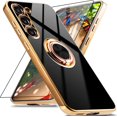 thumbnail image 1 of ORUYROP for Samsung Galaxy S23 Case with Screen Protector, Built-in 360 Rotation Ring Holder Magnetic Stand, Luxury Shiny Plating Edge Shockproof Electroplated Protective Phone Cover (Black/Go, 1 of 7