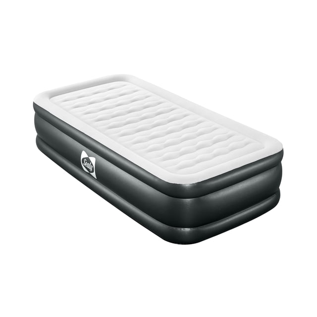 Sealy Tritech Matelas Pneumatique 18 Pouces Lit Gonflable Simple avec Pompe CA Intégrée. Matelas Pneumatique Format Simple avec une surface de Couchage Blanche Moelleuse et des Côtés en PVC Noir Durables. Comprend des Poutres Internes Tritech pour la Résistance et la Rétention de la Forme, Soutenant jusqu'à 330 Livres. Comprend une Pompe CA Intégrée pour un Gonflage Rapide en 3 minutes et une valve à Vis pour un Dégonflage Facile. Dimensions : 75 x 38 x 18 Pouces. Idéal pour l'Équipement de camping, les Hébergements